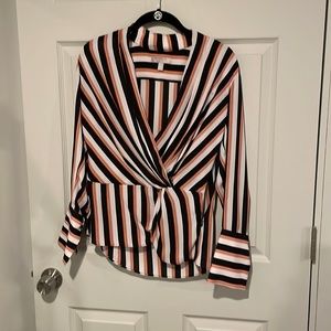 Nordstrom Chelsea28 Black & Orange Striped Wrap Blouse – Long Sleeve